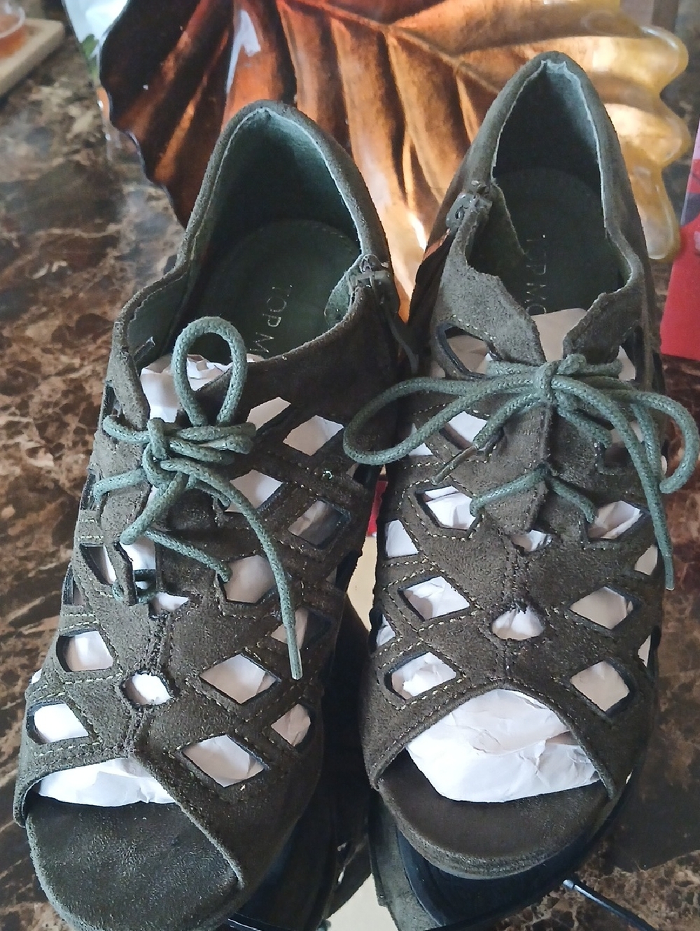 Women’s Olive Green Lace-Up Cutout Wedges